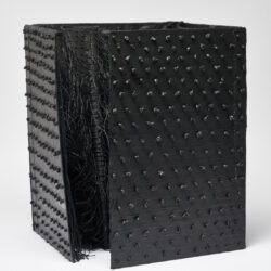 Forest Through The Trees, 2021, 15 x 42 x 12",  book board, hemp cord, lace, used typewriter ribbon, wood, canvas,  paint