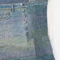 Concurrencies I: Charlotte Salomon Eva Hesse, (detail), 2022, 58 x 19.5", denim, varnish, hemp cord, gold thread