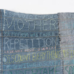 Concurrencies I: Charlotte Salomon Eva Hesse, (detail), 2022, 58 x 19.5", denim, varnish, hemp cord, gold thread