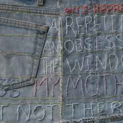 Concurrencies II: Charlotte Salomon Eva Hesse, (detail), 2023, 60 x 30", denim, varnish, hemp cord, gold thread