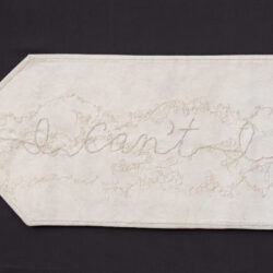 I Can't I Won't I Will I Do, (detail), 2022, 13 x 71.5", Repurposed cotton table runner, acrylic paint, hemp cord