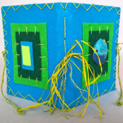 Blue, (outside) 2016, 6.25 x 10.25 x 5", board, felt, paper, clay, paint, hemp cord, raffia