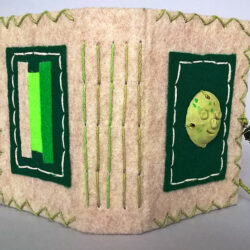 Green, (outside) 2016, 6.25 x 10 x 4.5", board, felt, paper, clay, paint, beads, metal, hemp cord