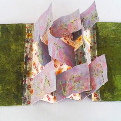 A Stitch in Time Saves 9, (inside) 2014, 8.5 x 18 x 5", board, paper, fabric, hemp cord, beads/metal