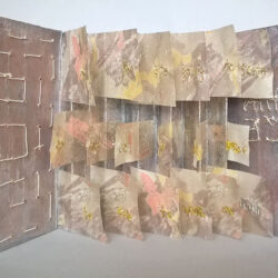 Thin Ice, (inside) 2016, 9 x 24 x 6.25", board, paper, hemp cord, gold thread, fabric, acrylic paint