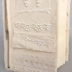 Like White on White, 2015, 7.5 x 14 x 6", board, cloth, paper, lace, zipper, paper, linen thread