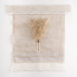 White Zip, 2020, 21.25" x 20.5" x .25", canvas, acrylic paint, lace, zipper, hemp cord, linen thread, wood
