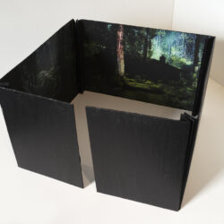 In The Woods, (three-quarter view), collaboration with Michelle Robinson. 2025, 12" x 20" x 20", Artists' Book: book board, assorted paper/s, hemp cord, archival inks